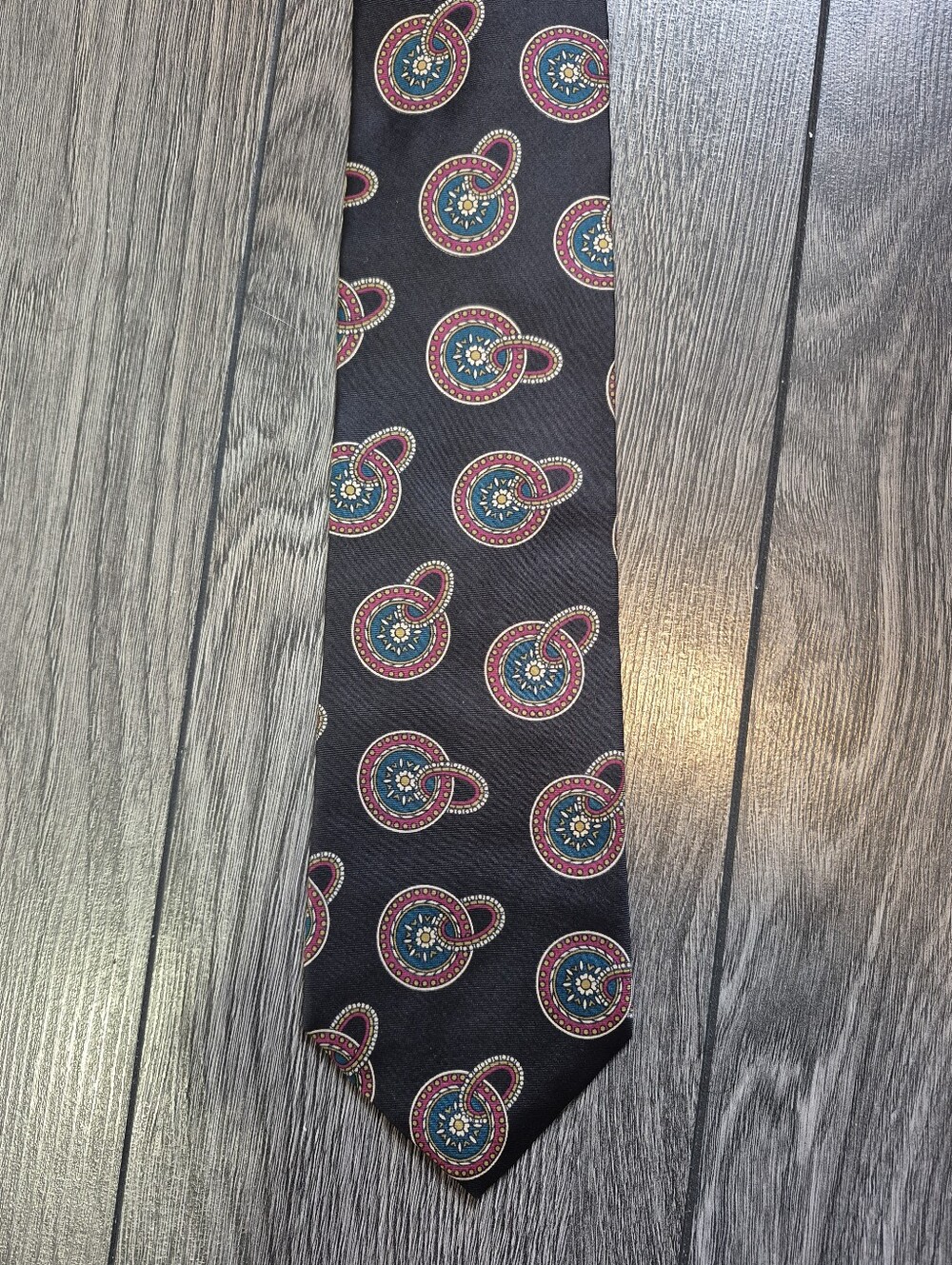 Vintage Harvé Benard 100% Pure Silk Tie Black Geometric Medallion Retro 80s 90s